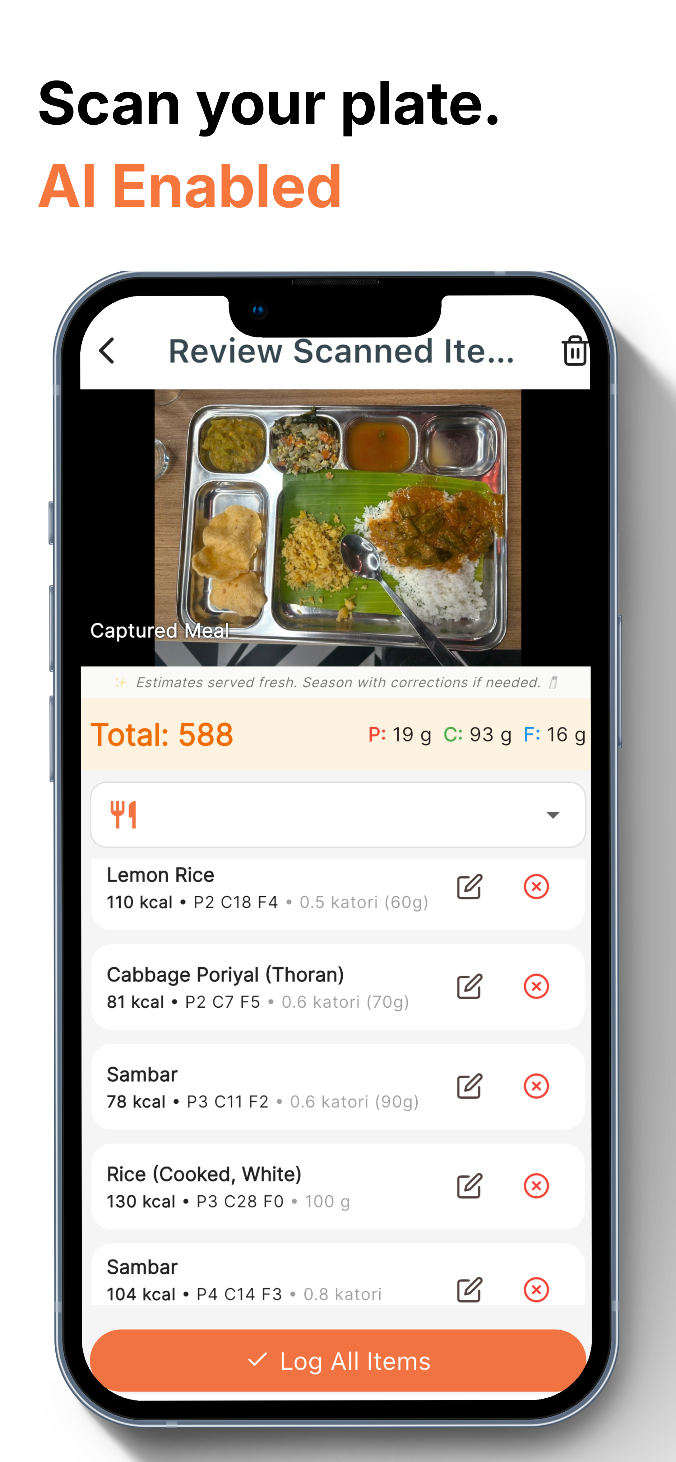 Mei Health Indian meal logging screen